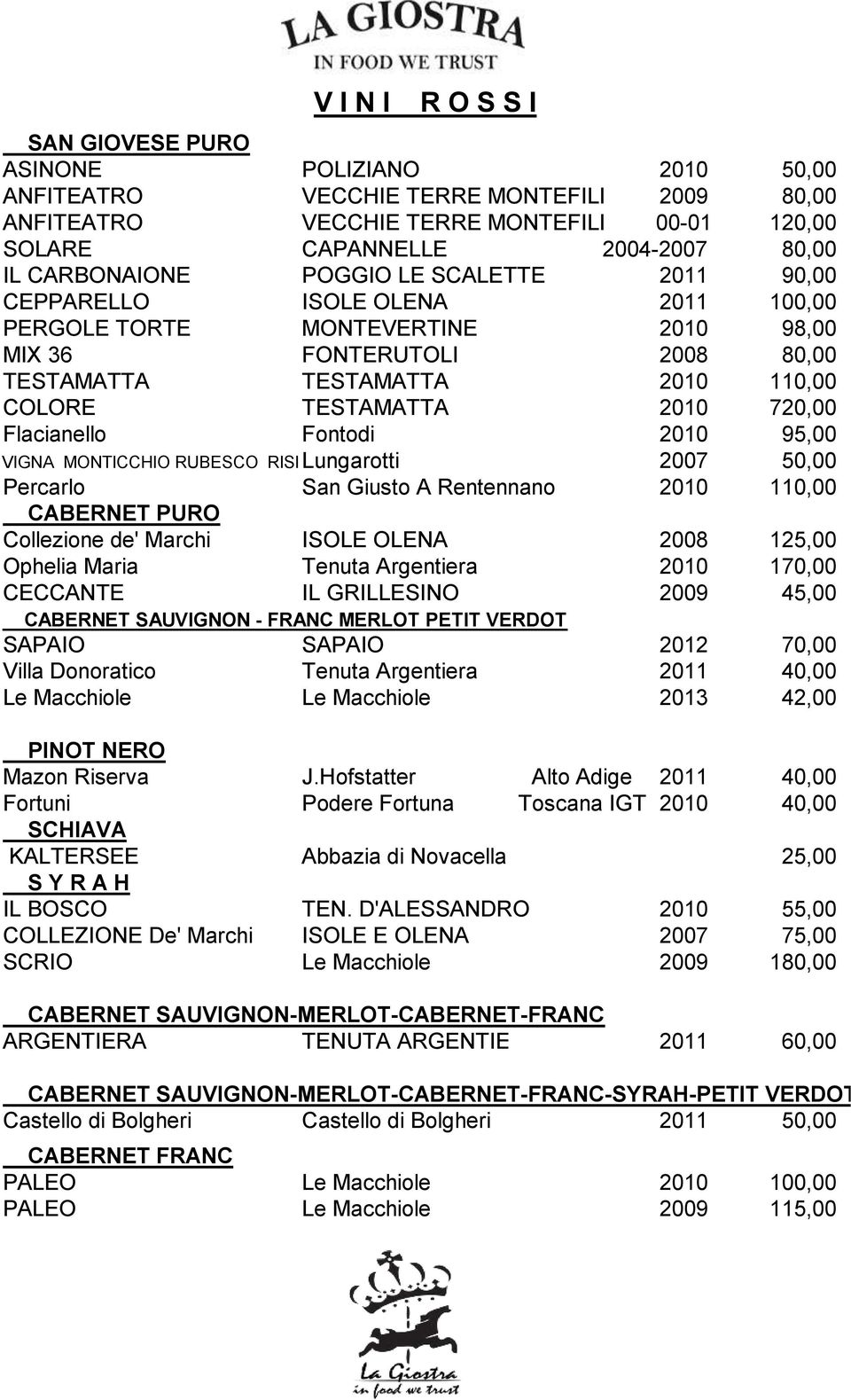 TERRE MONTEFILI 00-01 120,00 CAPANNELLE 2004-2007 80,00 POGGIO LE SCALETTE 2011 90,00 ISOLE OLENA 2011 100,00 MONTEVERTINE 2010 9 FONTERUTOLI 2008 80,00 TESTAMATTA 2010 110,00 TESTAMATTA 2010 720,00