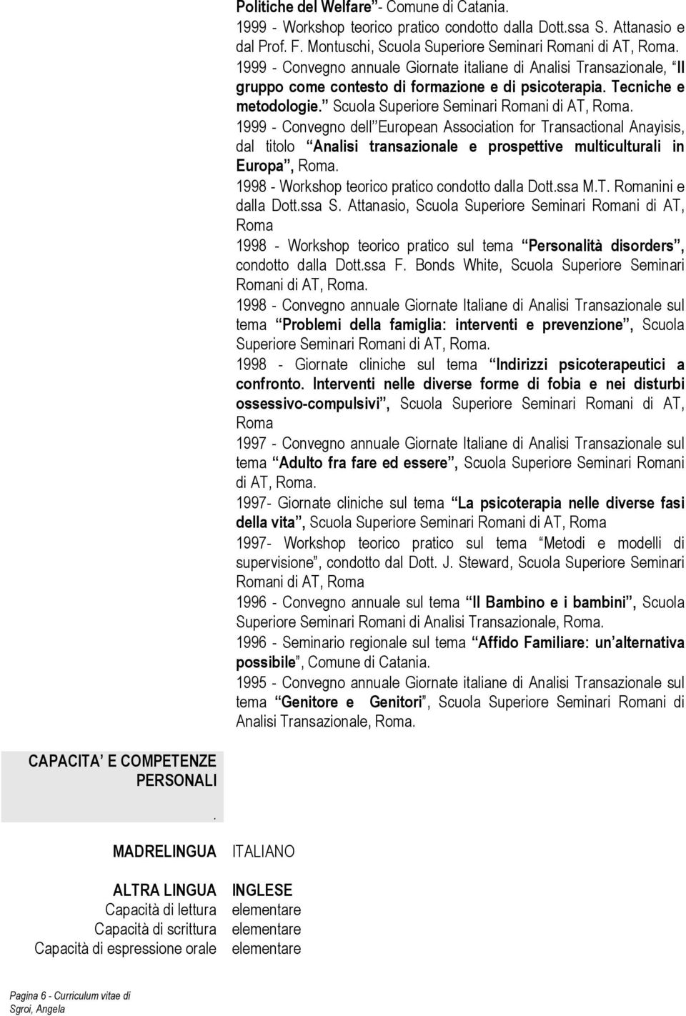 1999 - Convegno dell European Association for Transactional Anayisis, dal titolo Analisi transazionale e prospettive multiculturali in Europa, Roma.