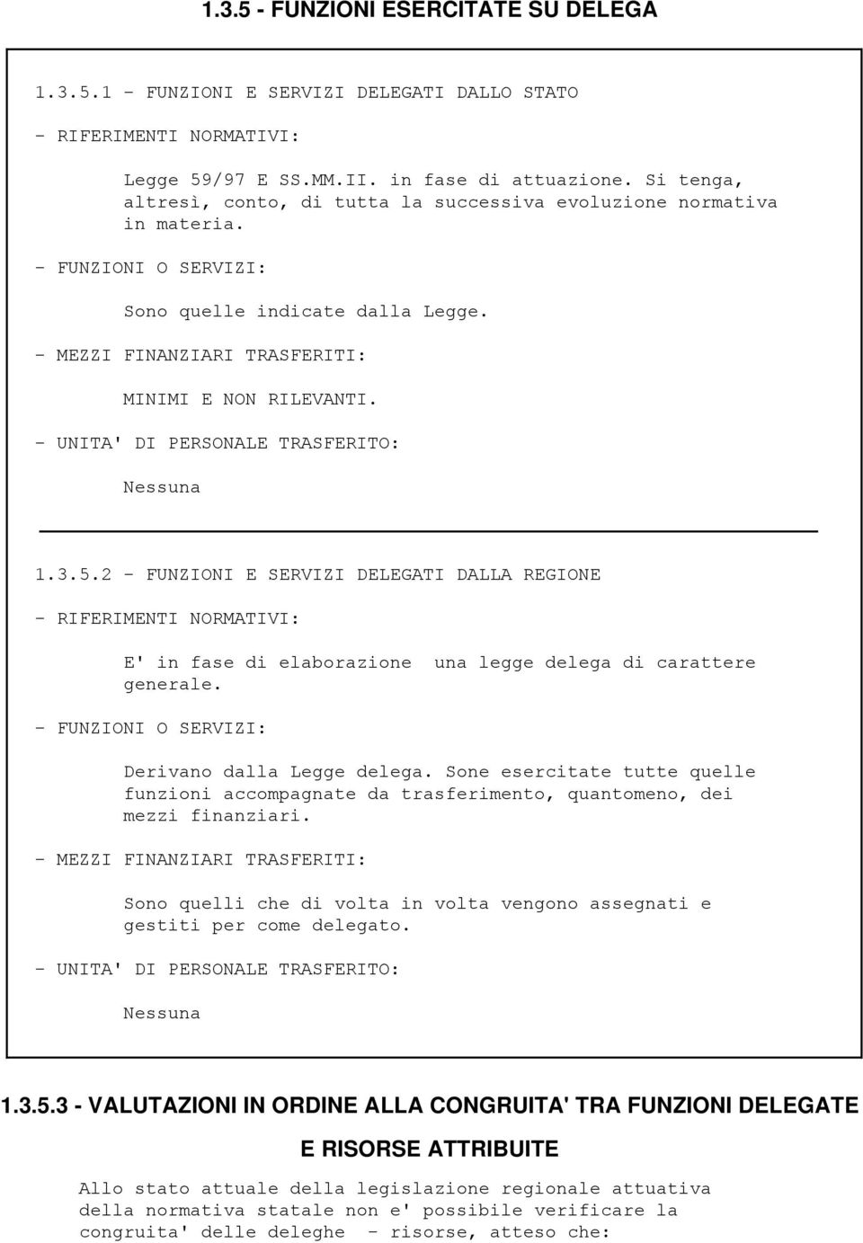 - UNITA' DI PERSONALE TRASFERITO: Nessuna 1.3.5.2 - FUNZIONI E SERVIZI DELEGATI DALLA REGIONE - RIFERIMENTI NORMATIVI: E' in fase di elaborazione una legge delega di carattere generale.