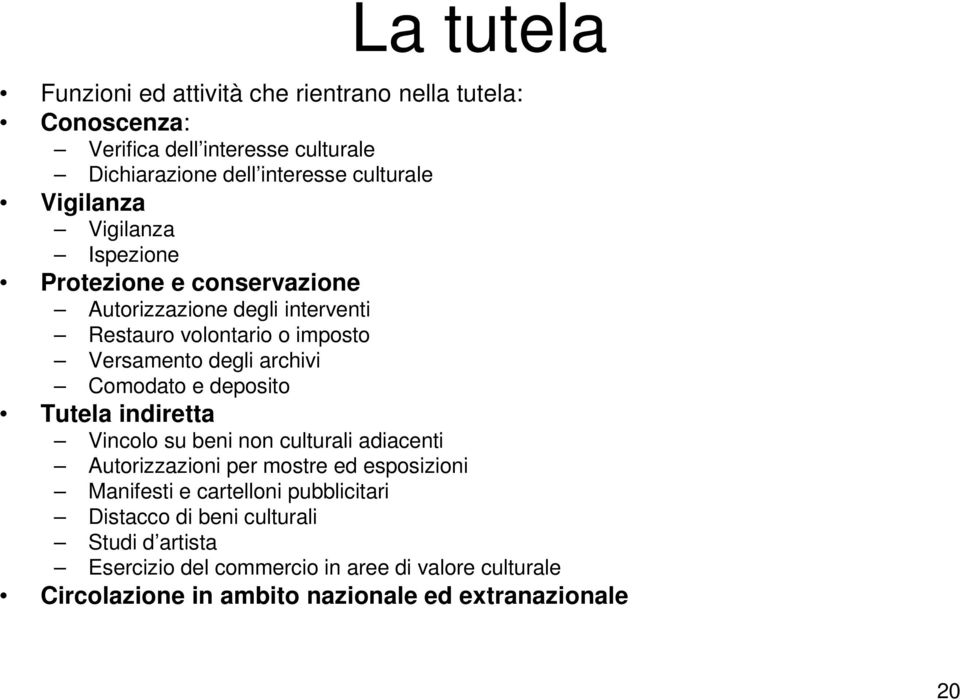 Comodato e deposito Tutela indiretta Vincolo su beni non culturali adiacenti Autorizzazioni per mostre ed esposizioni Manifesti e cartelloni