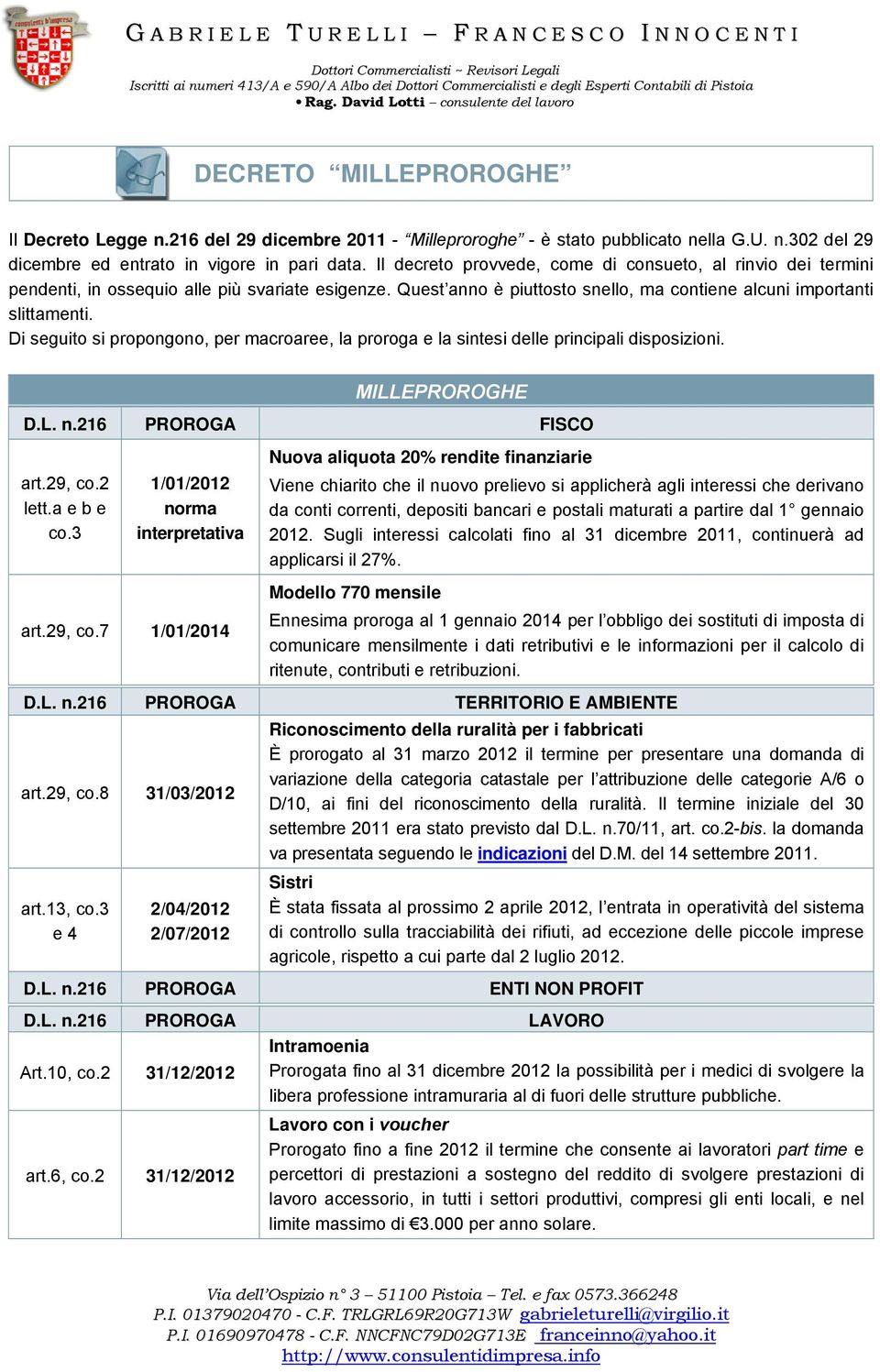 Di seguito si propongono, per macroaree, la proroga e la sintesi delle principali disposizioni. MILLEPROROGHE D.L. n.216 PROROGA FISCO art.29, co.2 lett.a e b e co.