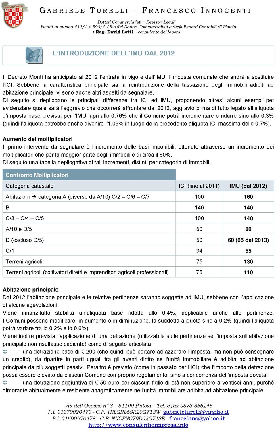 Di seguito si riepilogano le principali differenze tra ICI ed IMU, proponendo altresì alcuni esempi per evidenziare quale sarà l aggravio che occorrerà affrontare dal 2012, aggravio prima di tutto