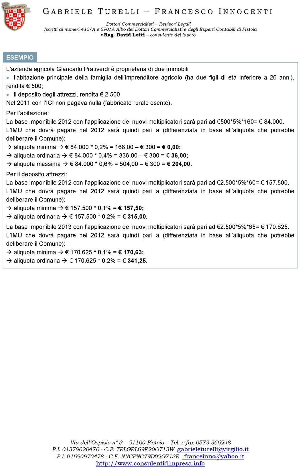 Per l abitazione: La base imponibile 2012 con l applicazione dei nuovi moltiplicatori sarà pari ad 500*5%*160= 84.000.