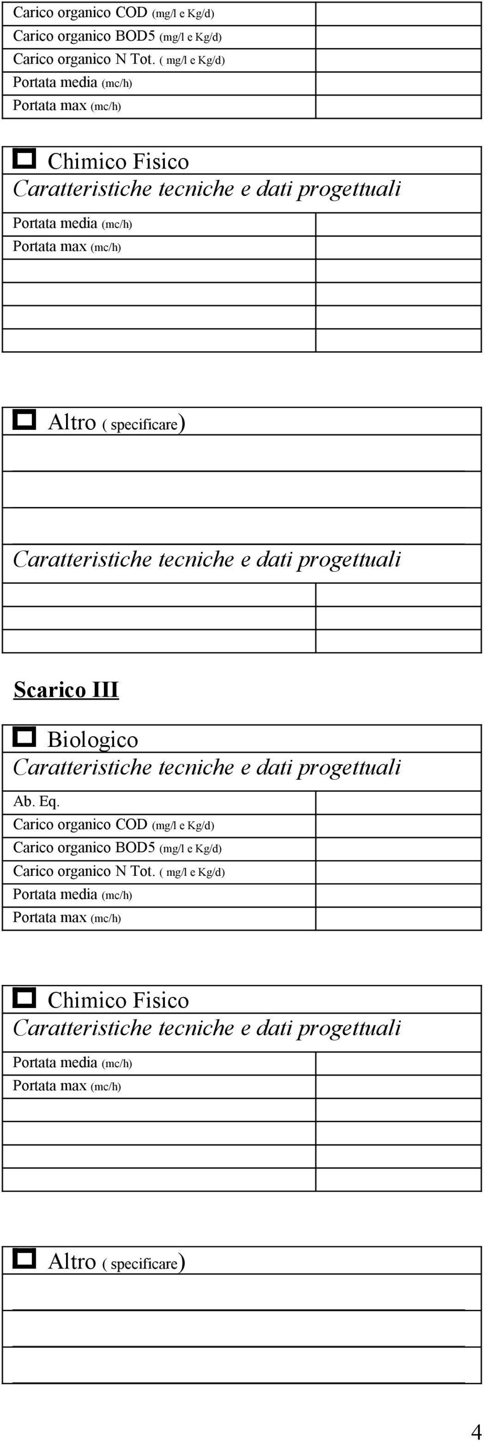 ( mg/l e Kg/d) Chimico Fisico ( specificare) II Biologico Ab. Eq.