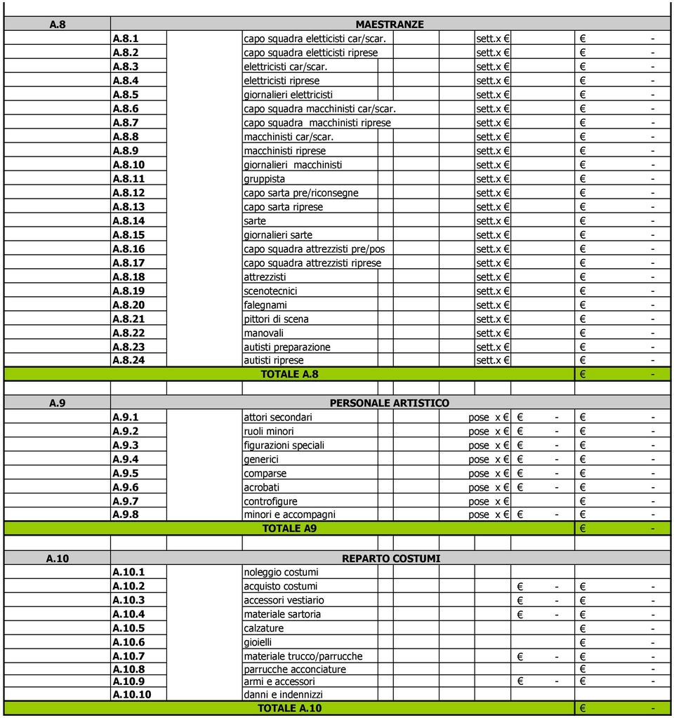 x A.8.11 gruppista sett.x A.8.12 capo sarta pre/riconsegne sett.x A.8.13 capo sarta riprese sett.x A.8.14 sarte sett.x A.8.15 giornalieri sarte sett.x A.8.16 capo squadra attrezzisti pre/pos sett.x A.8.17 capo squadra attrezzisti riprese sett.