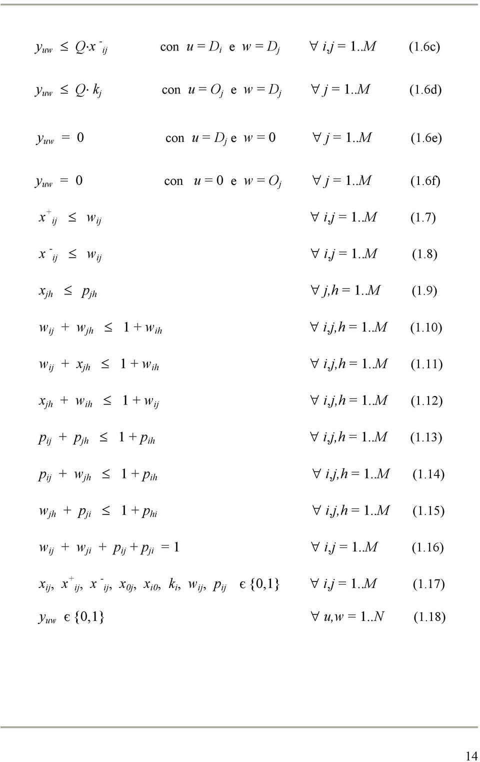 .M (1.11) x jh + w ih 1 + w ij i,j,h = 1..M (1.12) p ij + p jh 1 + p ih i,j,h = 1..M (1.13) p ij + w jh 1 + p ih i,j,h = 1..M (1.14) w jh + p ji 1 + p hi i,j,h = 1..M (1.15) w ij + w ji + p ij + p ji = 1 i,j = 1.