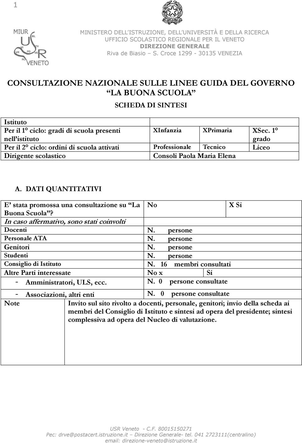 XSec. 1 grado Per il 2 ciclo: ordini di scuola attivati Professionale Tecnico Liceo Dirigente scolastico Consoli Paola Maria Elena A.