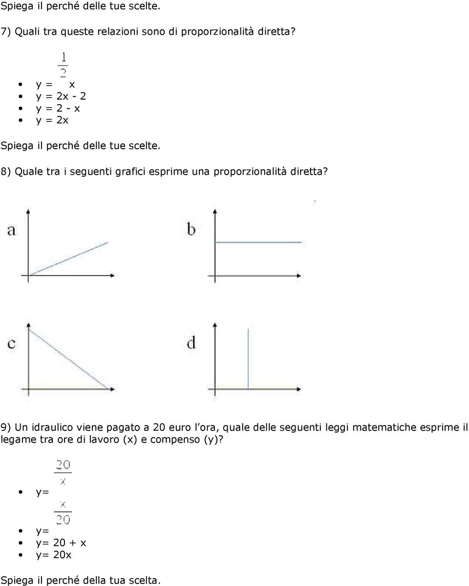 8) Quale tra i seguenti grafici esprime una proporzionalità diretta?