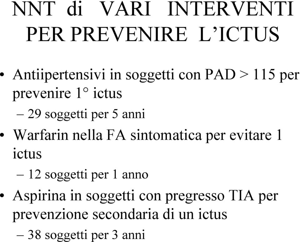 sintomatica per evitare 1 ictus 12 soggetti per 1 anno Aspirina in soggetti