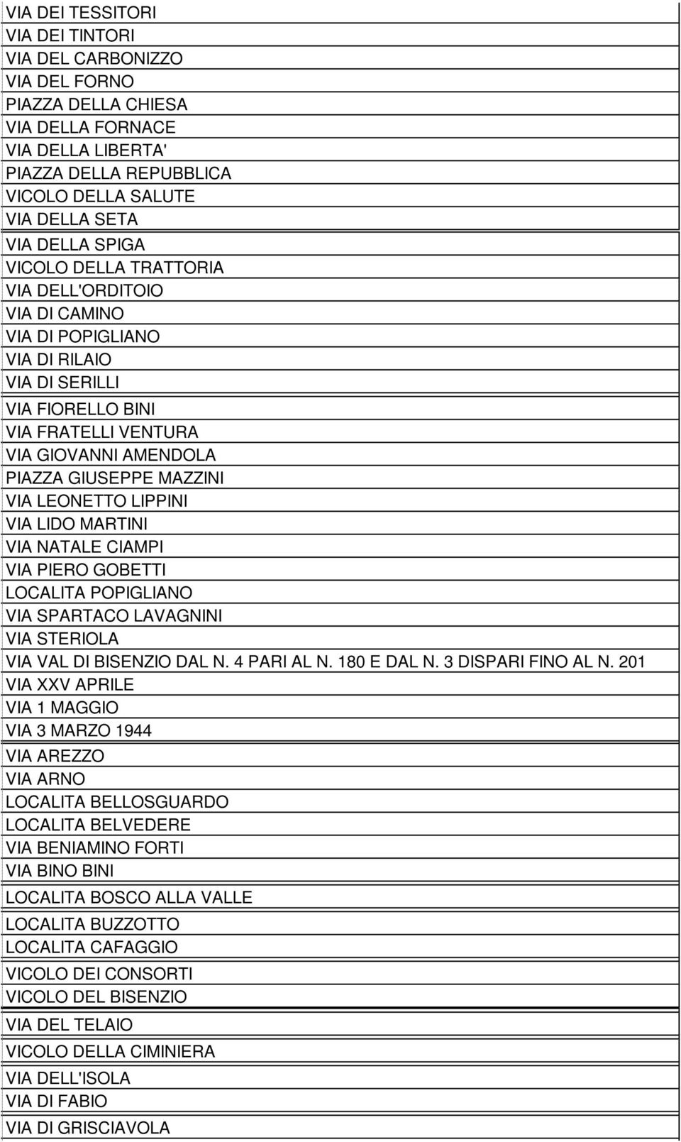 LIPPINI VIA LIDO MARTINI VIA NATALE CIAMPI VIA PIERO GOBETTI LOCALITA POPIGLIANO VIA SPARTACO LAVAGNINI VIA STERIOLA VIA VAL DI BISENZIO DAL N. 4 PARI AL N. 180 E DAL N. 3 DISPARI FINO AL N.