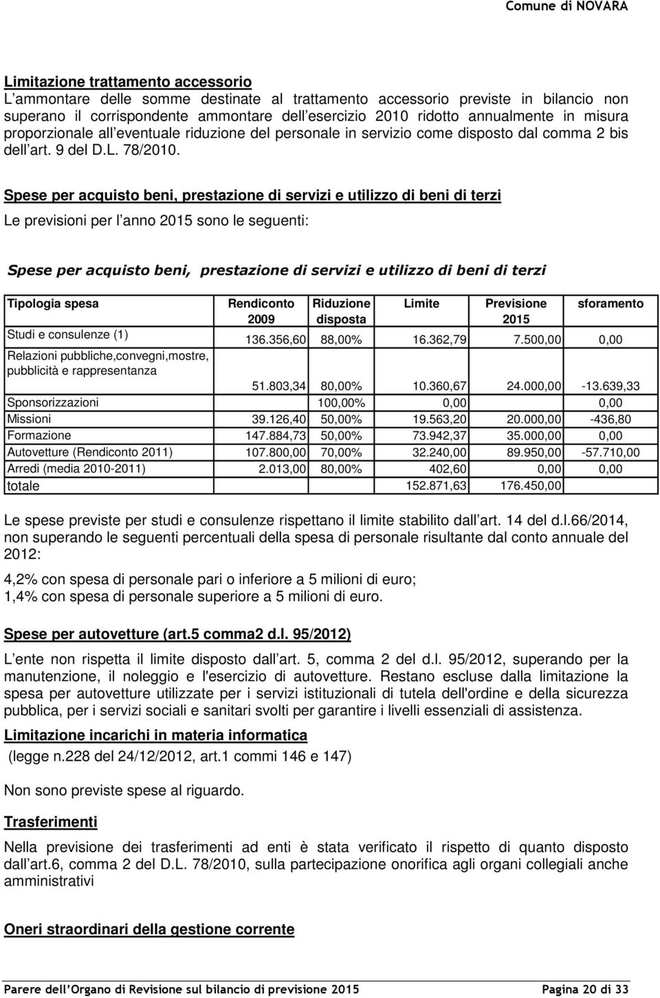 Spese per acquisto beni, prestazione di servizi e utilizzo di beni di terzi Le previsioni per l anno 2015 sono le seguenti: Spese per acquisto beni, prestazione di servizi e utilizzo di beni di terzi