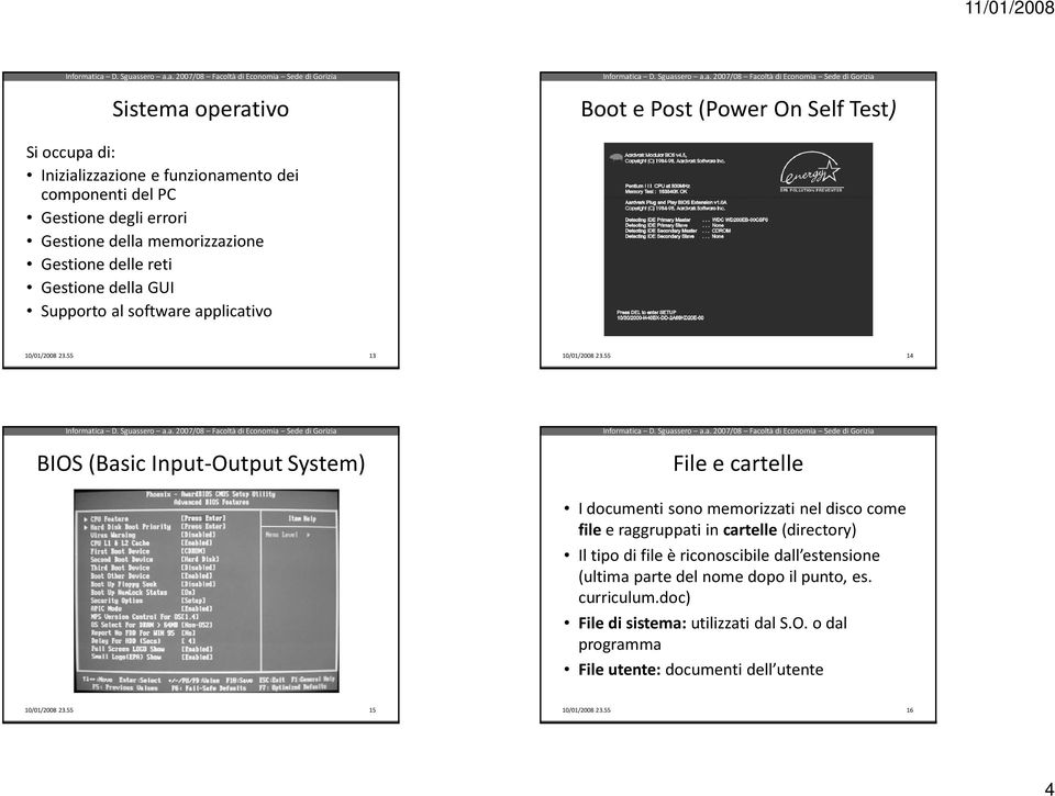 55 14 BIOS (Basic Input-Output System) File e cartelle I documenti sono memorizzati nel disco come file e raggruppati in cartelle (directory) Il tipo di file è