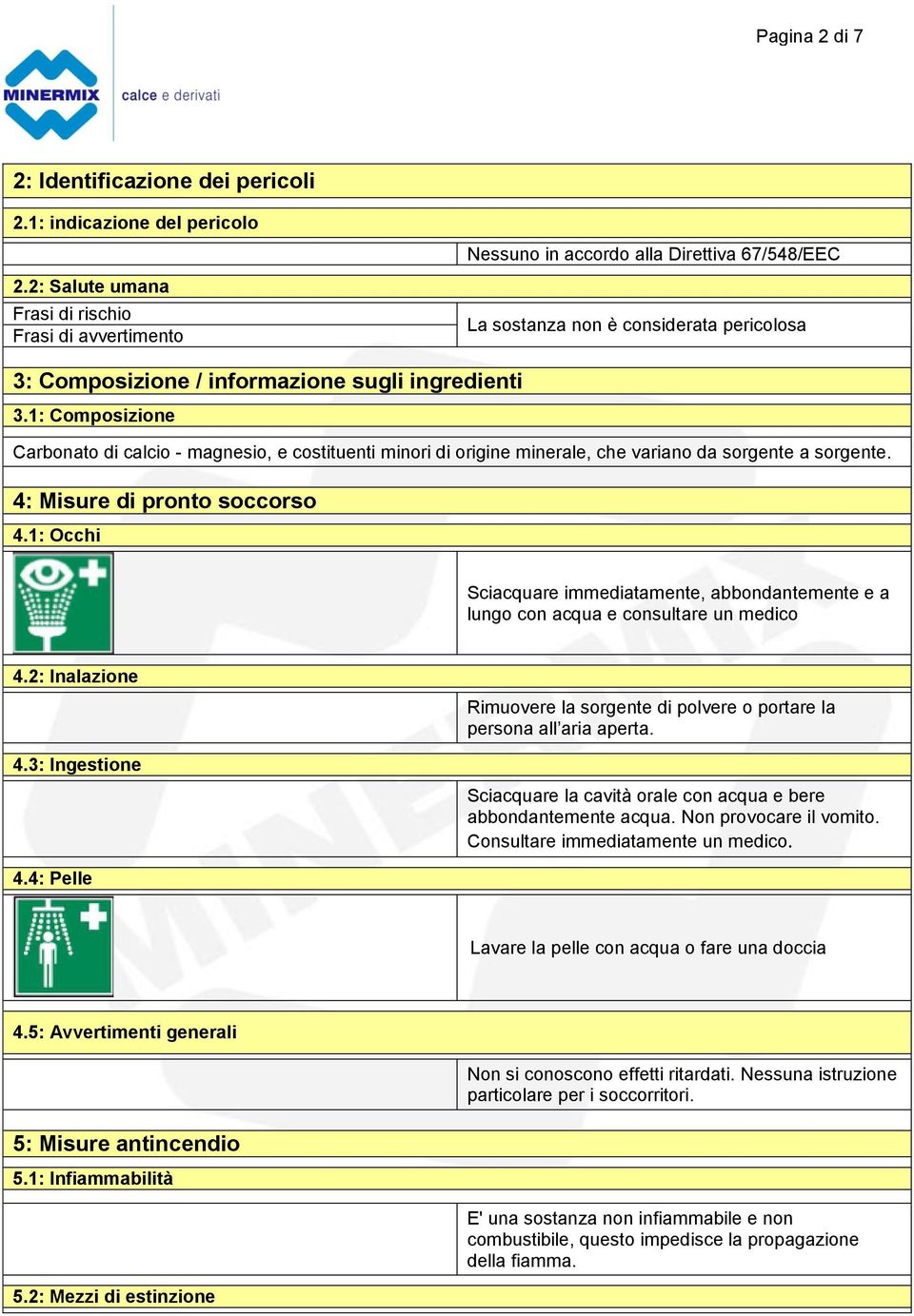 1: Composizione Carbonato di calcio - magnesio, e costituenti minori di origine minerale, che variano da sorgente a sorgente. 4: Misure di pronto soccorso 4.