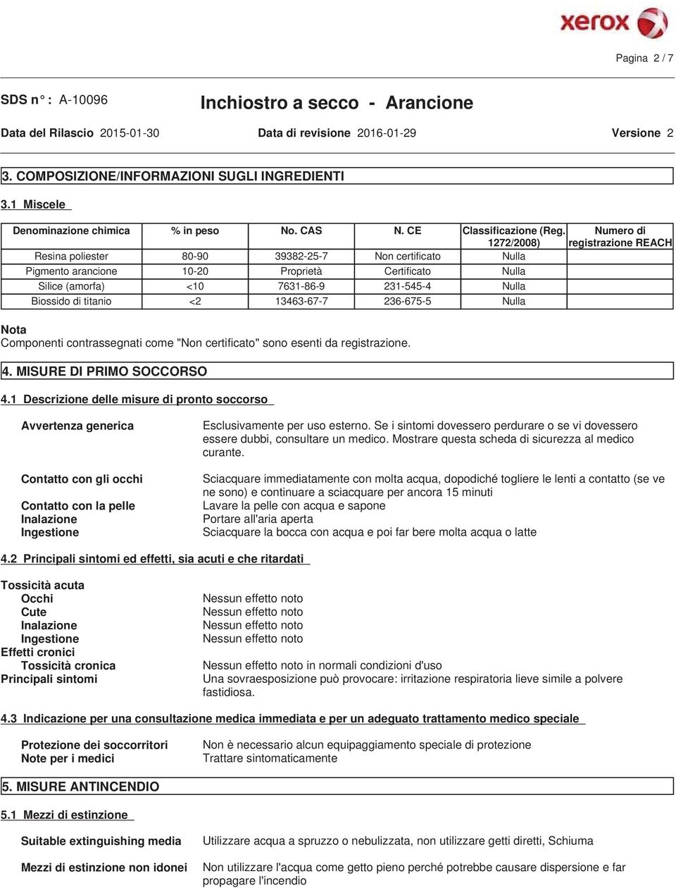 Biossido di titanio <2 13463-67-7 236-675-5 Nulla Nota Componenti contrassegnati come "Non certificato" sono esenti da registrazione. 4. MISURE DI PRIMO SOCCORSO 4.