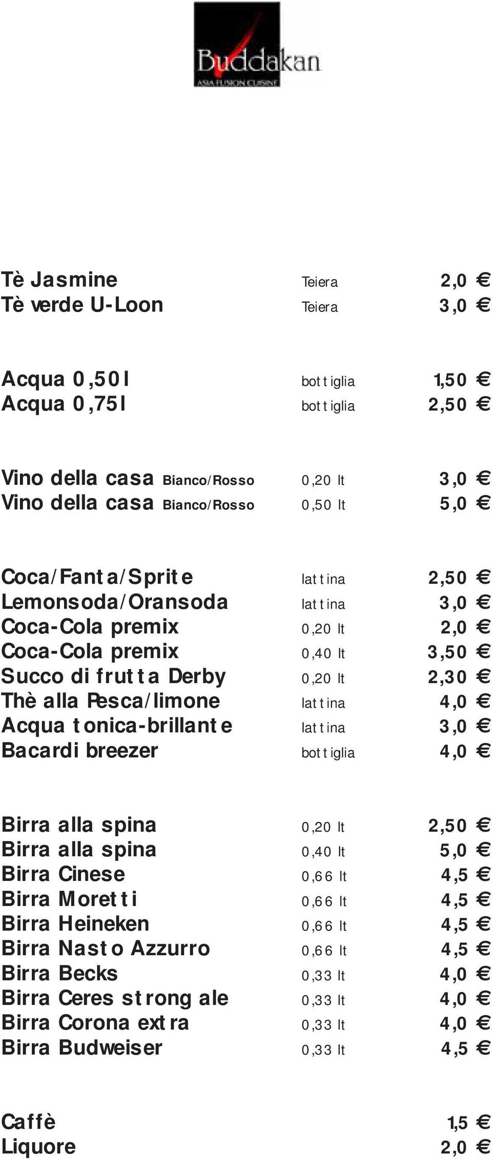 4,0 Acqua tonica-brillante lattina 3,0 Bacardi breezer bottiglia 4,0 Birra alla spina 0,20 lt 2,50 Birra alla spina 0,40 lt 5,0 Birra Cinese 0,66 lt 4,5 Birra Moretti 0,66 lt 4,5 Birra