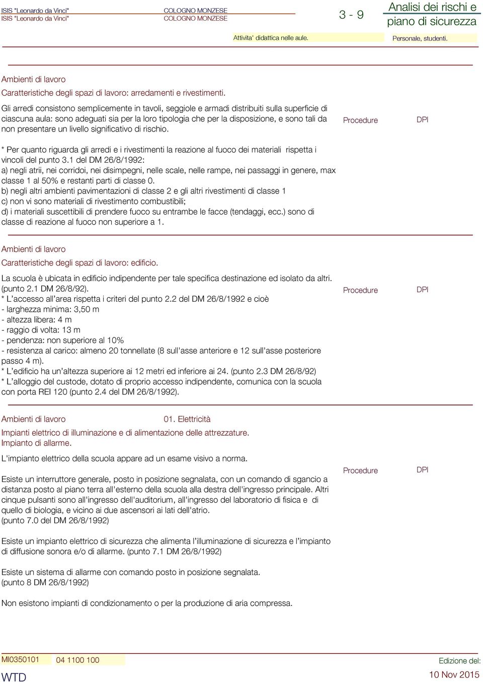 presentare un livello significativo di rischio. * Per quanto riguarda gli arredi e i rivestimenti la reazione al fuoco dei materiali rispetta i vincoli del punto 3.