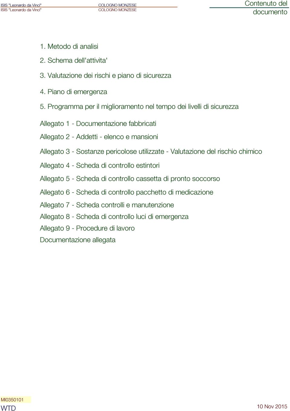 pericolose utilizzate - Valutazione del rischio chimico Allegato 4 - Scheda di controllo estintori Allegato 5 - Scheda di controllo cassetta di pronto soccorso