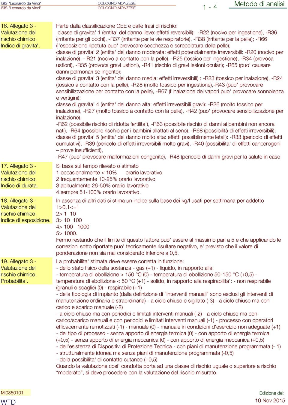 Parte dalla classificazione CEE e dalle frasi di rischio classe di gravita' 1 (entita' del danno lieve effetti reversibili) -R22 (nocivo per ingestione), -R36 (irritante per gli occhi), -R37