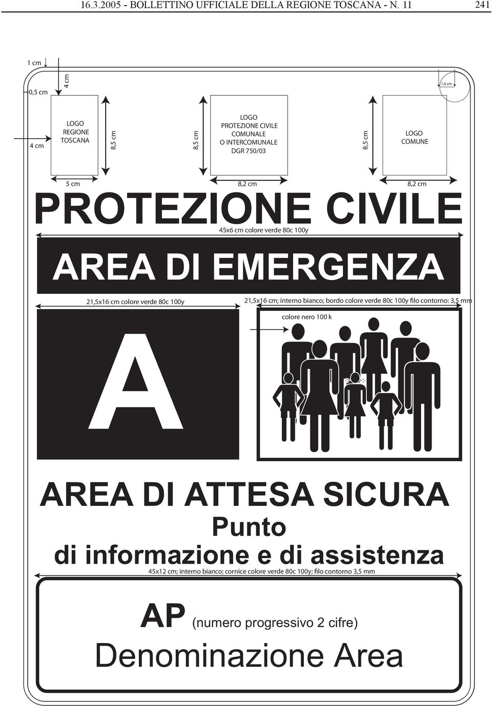 8,2 cm PROTEZIONE CIVILE 45x6 cm colore verde 80c 100y AREA DI EMERGENZA 8,2 cm 21,5x16 cm colore verde 80c 100y 21,5x16 cm; interno bianco; bordo colore