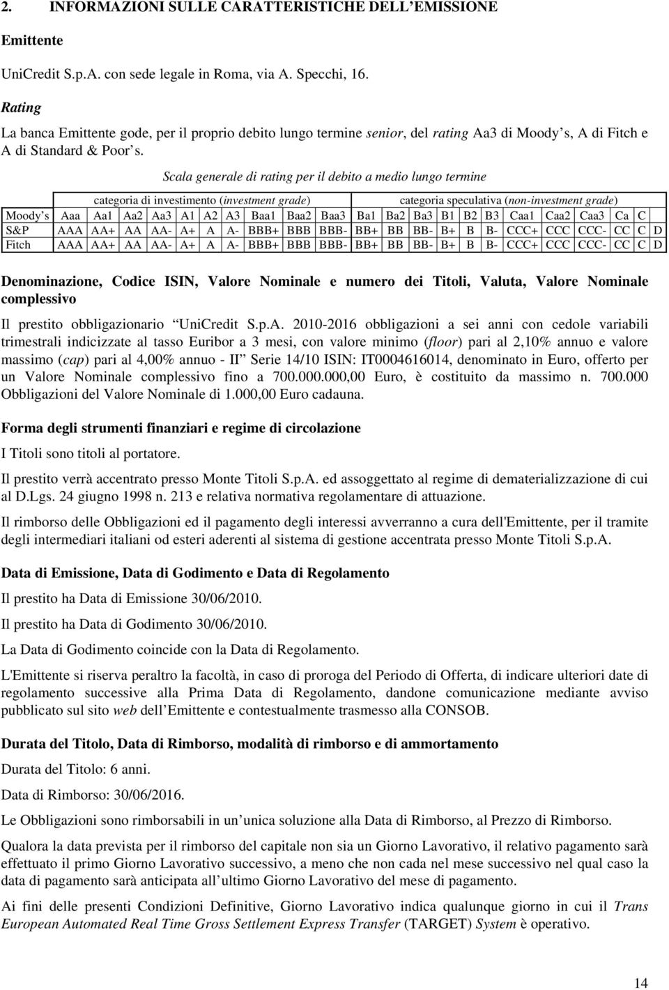 Scala generale di rating per il debito a medio lungo termine categoria di investimento (investment grade) categoria speculativa (non-investment grade) Moody s Aaa Aa1 Aa2 Aa3 A1 A2 A3 Baa1 Baa2 Baa3