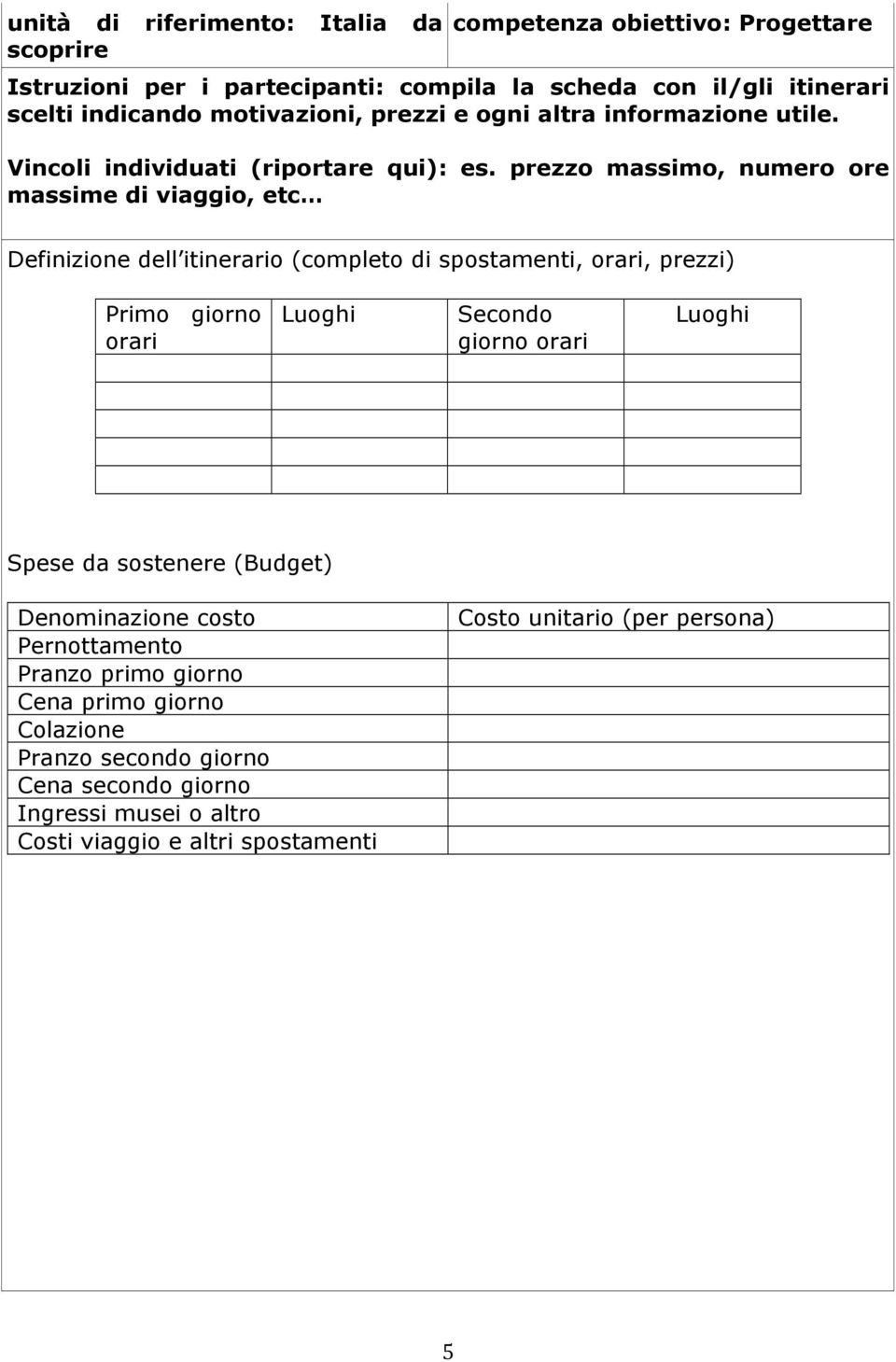 prezzo massimo, numero ore massime di viaggio, etc Definizione dell itinerario (completo di spostamenti, orari, prezzi) Primo giorno orari Luoghi Secondo giorno orari