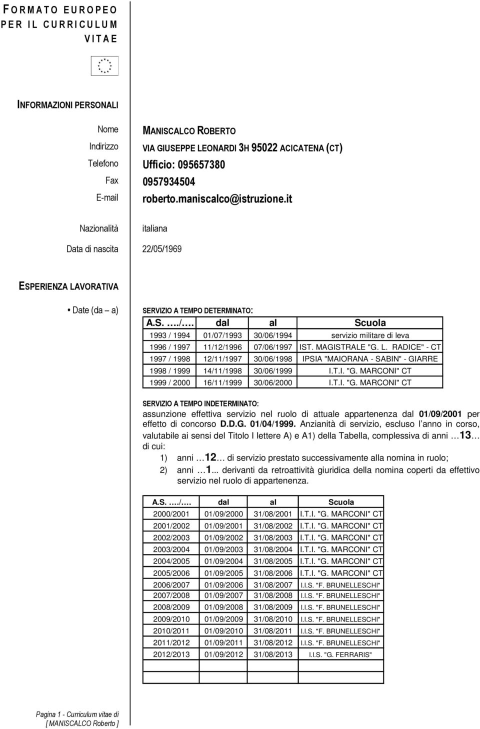 5/1969 ESPERIENZA LAVORATIVA Date (da a) SERVIZIO A TEMPO DETERMINATO: A.S../. dal al Scuola 1993 / 1994 01/07/1993 30/06/1994 servizio militare di leva 1996 / 1997 11/12/1996 07/06/1997 IST.