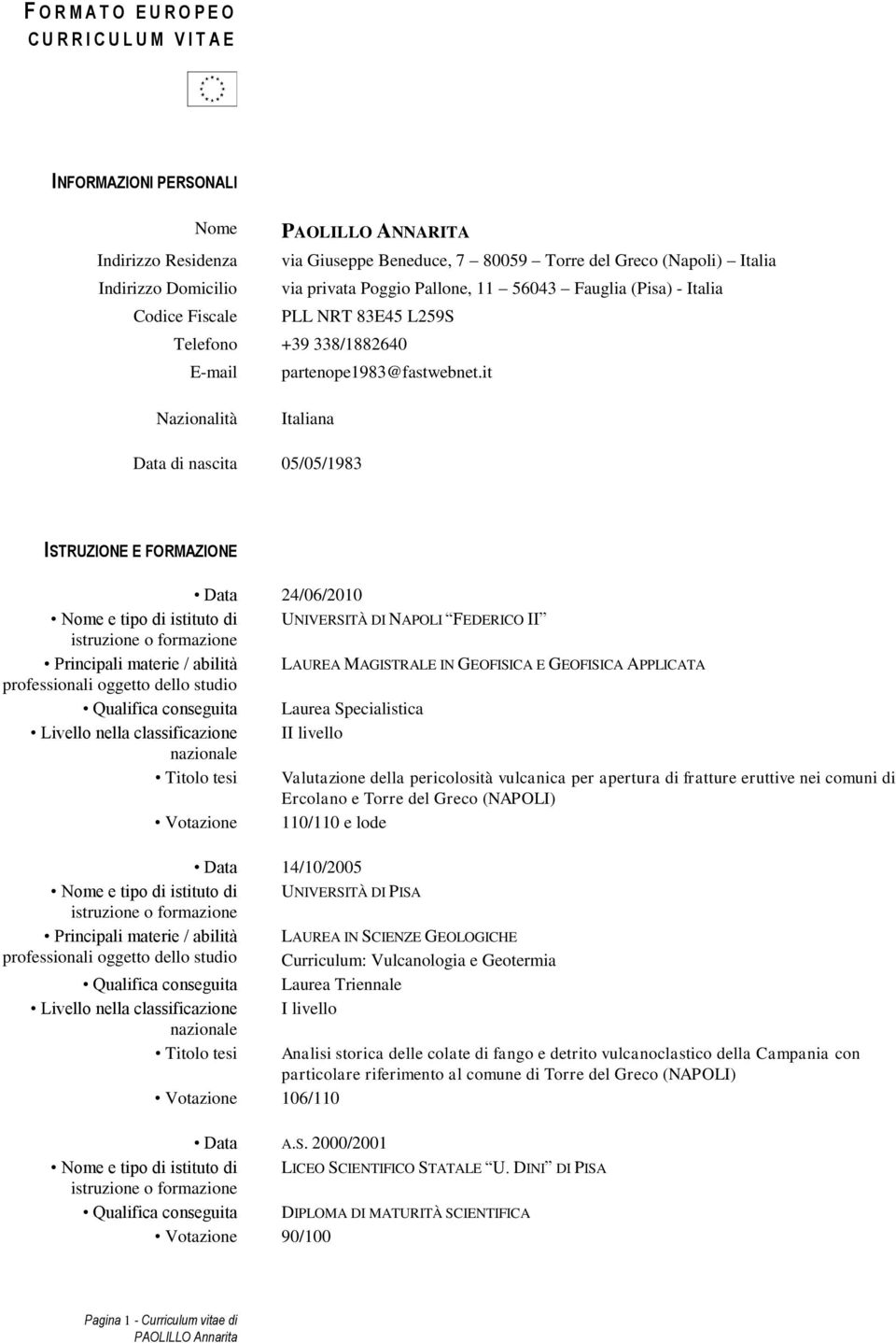 it Nazionalità Italiana Data di nascita 05/05/1983 ISTRUZIONE E FORMAZIONE Data 24/06/2010 Nome e tipo di istituto di UNIVERSITÀ DI NAPOLI FEDERICO II Principali materie / abilità LAUREA MAGISTRALE