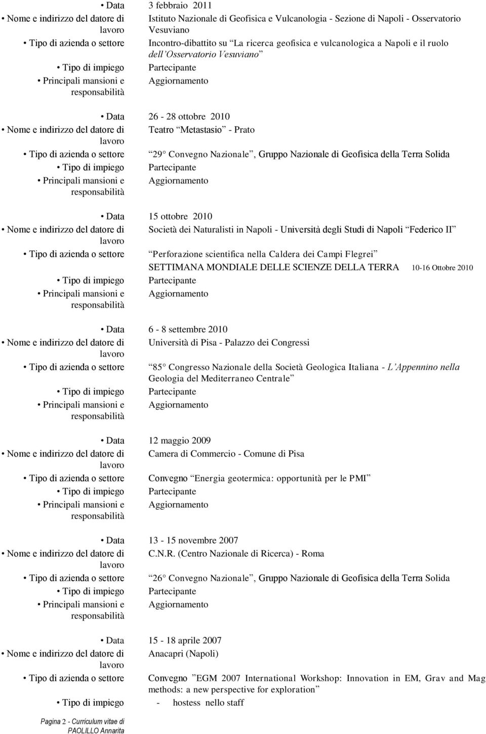 Convegno Nazionale, Gruppo Nazionale di Geofisica della Terra Solida Data 15 ottobre 2010 Nome e indirizzo del datore di Società dei Naturalisti in Napoli - Università degli Studi di Napoli Federico