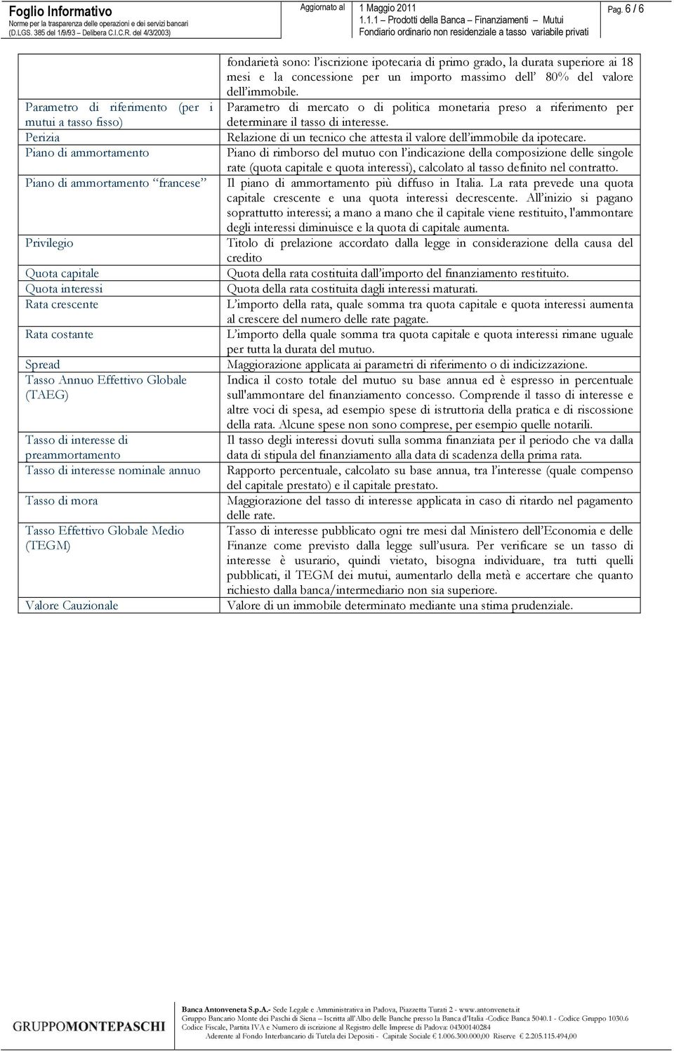 Tasso Annuo Effettivo Globale (TAEG) Tasso di interesse di preammortamento Tasso di interesse nominale annuo Tasso di mora Tasso Effettivo Globale Medio (TEGM) Valore Cauzionale fondarietà sono: l