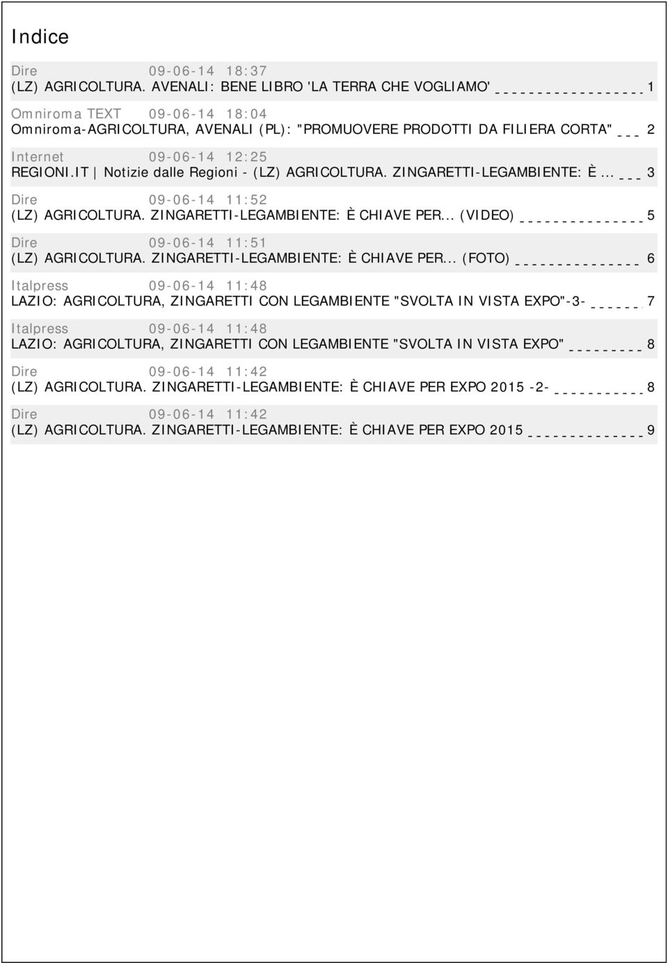 IT Notizie dalle Regioni - (LZ) AGRICOLTURA. ZINGARETTI-LEGAMBIENTE: È... 3 Dire 09-06-14 11:52 (LZ) AGRICOLTURA. ZINGARETTI-LEGAMBIENTE: È CHIAVE PER... (VIDEO) 5 Dire 09-06-14 11:51 (LZ) AGRICOLTURA.