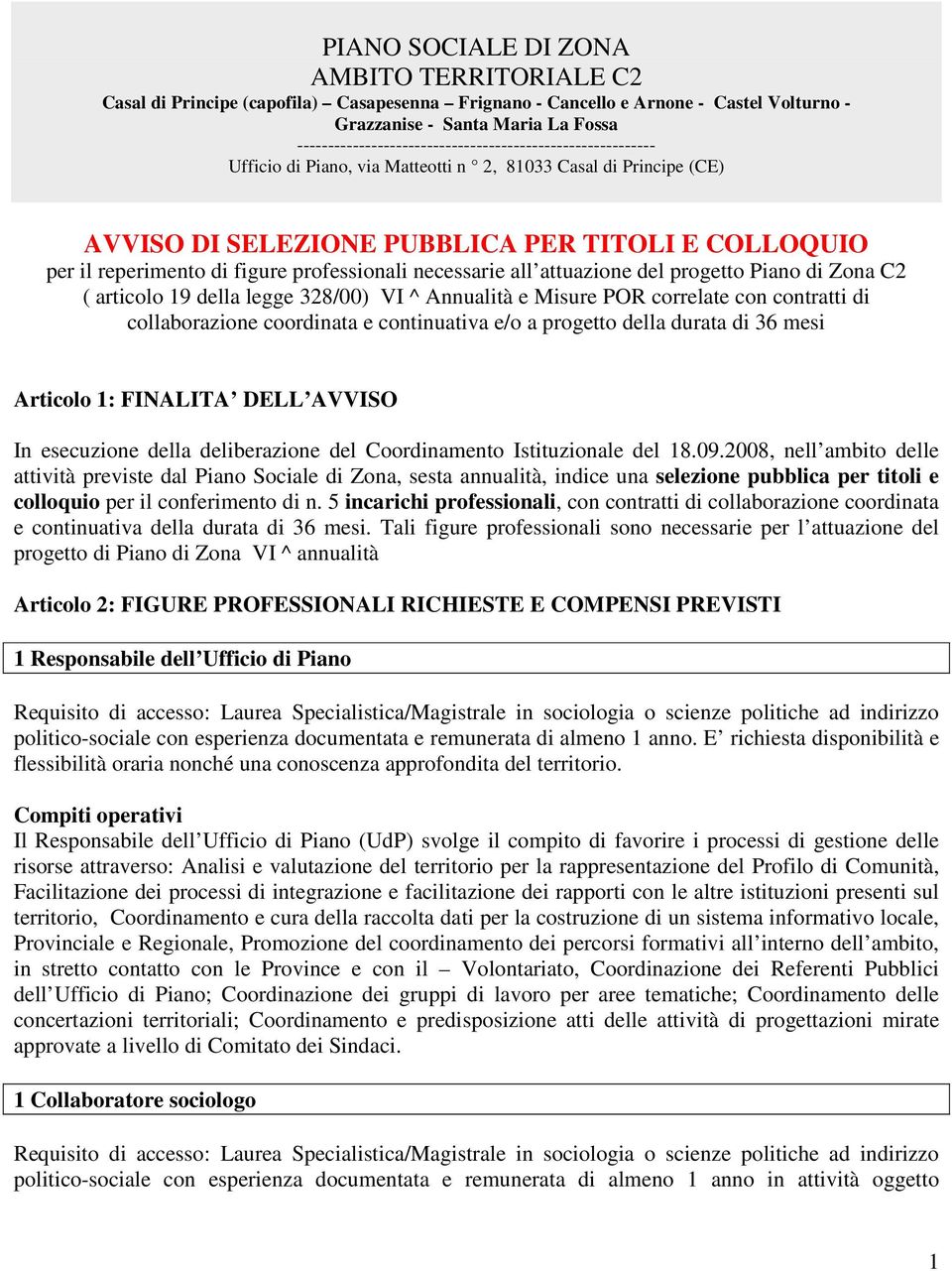 figure professionali necessarie all attuazione del progetto Piano di Zona C2 ( articolo 19 della legge 328/00) VI ^ Annualità e Misure POR correlate con contratti di collaborazione coordinata e