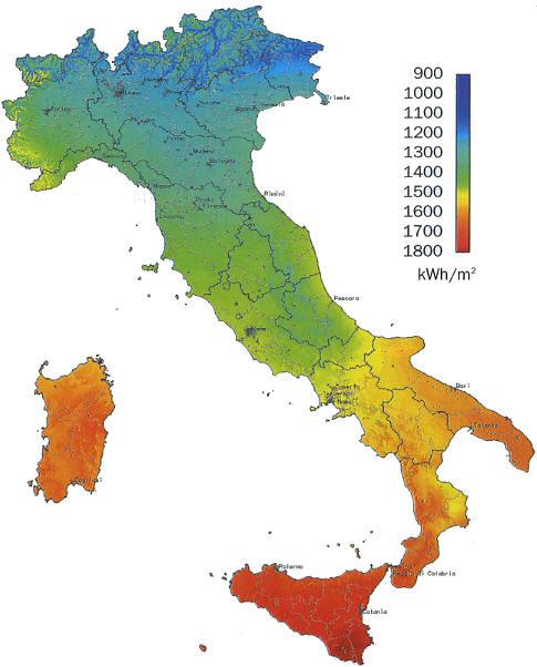 Prestazioni dei collettori solari L energia che investe la superficie è, in Italia, variabile tra i 1100 e i 1800 kwh/m 2 anno e