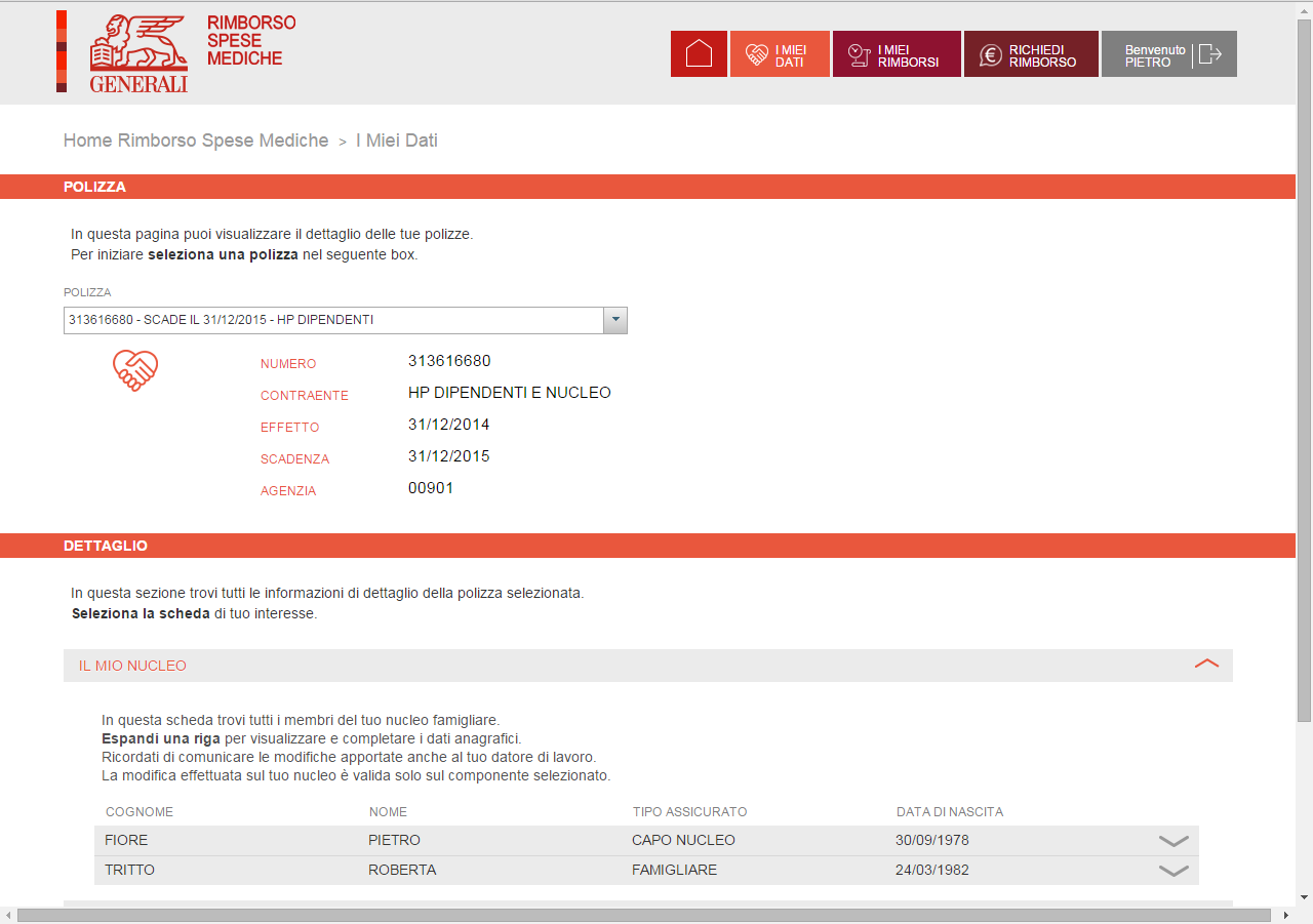3 I MIEI DATI L area I Miei Dati si sviluppa in due sezioni: Polizza : in questa sezione si può selezionare dal menù a tendina la polizza di interesse (attenzione; la polizza può essere presente più