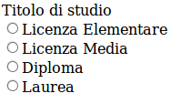 Forms (4) <form > Username : <input type =" text " name =" user "/> <br > Password : <input type =" password " name =" pwd "/> </ form > <form > Titolo di studio <br > <input type =" radio " name ="