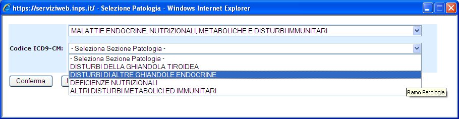 Dopodiché si seleziona la patologia (nel nostro