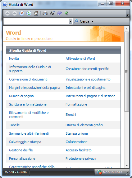 Per richiamare la Guida in linea di Word, possiamo utilizzare il pulsante azzurro a punto interrogativo in alto a destra.