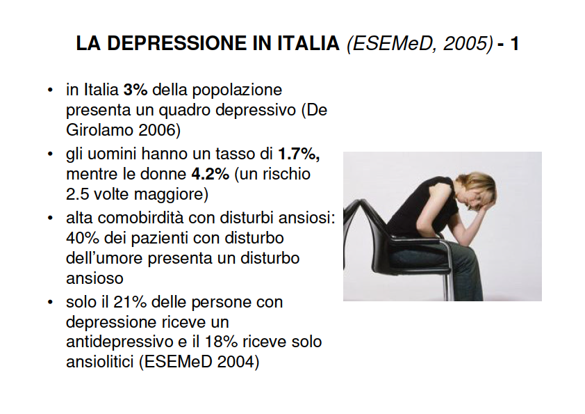 I disturbi depressivi maggiori oggi in Italia interessano ogni anno circa il 3% della popolazione generale, mentre il treatment gap ovvero la