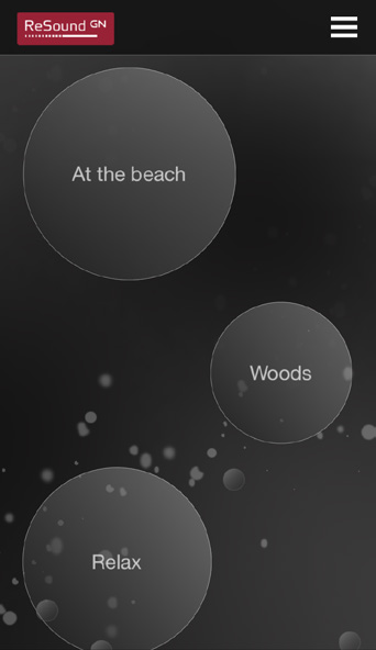 Funzionalità di ReSound Relief TM L app vi consente di gestire la vostra libreria personale di file per la terapia acustica e di creare il vostro paesaggio sonoro grazie ai suoni ambientali e a brevi