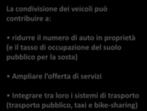 36 Car sharing e scooter sharing La condivisione dei veicoli può contribuire a: ridurre il numero di auto in proprietà (e il tasso di occupazione