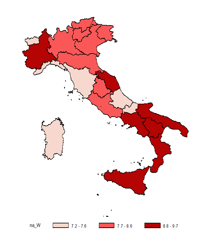 Valori medi del consumo giornaliero di sale (g) per regione, uomini e donne 35-79 anni, OEC/HES-Health Examination Survey 2008-2012 Il