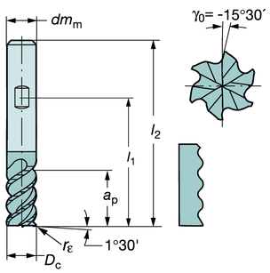 resa a candela per sgrossatura Taglio al centro Kordell CoroMill Plura RSATURA Angolo d elica: -45 Tolleranze: D c: dm m: h12 h6 Versione in millimetri l 1 = lunghezza di programmazione Dimensioni,