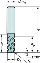 RSATURA CoroMill Plura resa a candela per finitura Senza tagliente al centro Durezza da 43HRc a 63HRc Angolo d elica: -50 Tolleranze: D c: h10 dm m : h6 Versione in pollici Dimensioni, pollici P H C