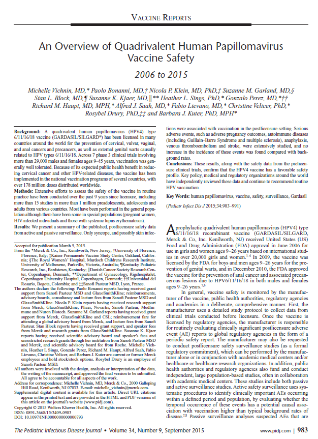 The Quadrivalent HPV vaccine safety, 2006-2015 Vichnin M, Bonanni P, et al.