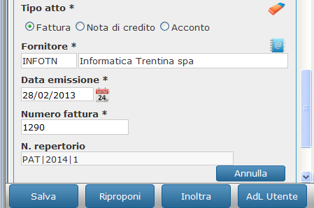Ricezione fattura elettronica: Attribuzione numero di repertorio A seguito del salvataggio, il sistema attribuisce il numero di Repertorio associato alla tipologia Fattura elettronica