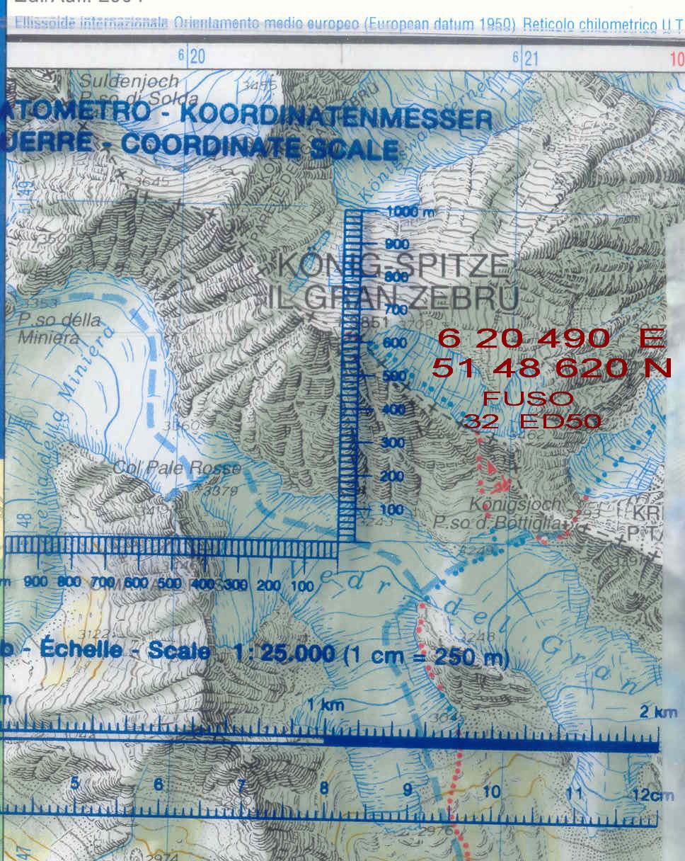 LETTURA COORDINATE GEOGRAFICHE Esempio su carta scala 1 : 25000 (1mm=25mt) Il reticolato chilometrico è riportato su