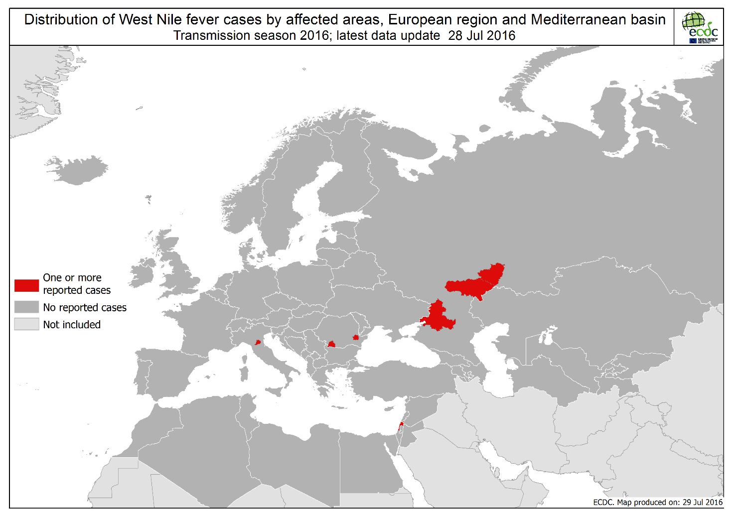 Situazione epidemiologica 2016 EUROPA e BACINO DEL MEDITERRANEO Al 28 luglio 2016 sono stati segnalati casi di WND nell uomo e negli equidi in