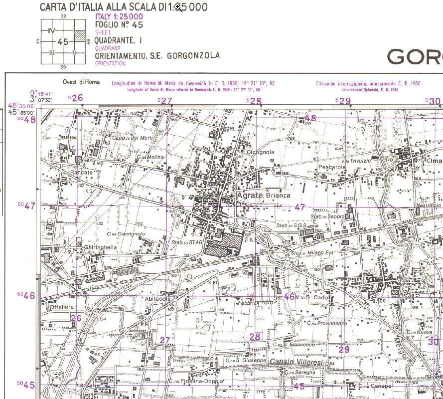 Tavoletta IGM 1 KM 1 KM Agrate Brianza Latitudie 45 34 34 Longitudine 09 21 02 Sulle Tavolette è possibile identificate sia le coordinate geografiche (in gradi, minuti e secondi) che chilometriche