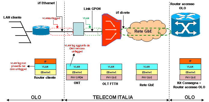 Figura 7: Protocollo PPPoE su accessi FTTH su banda Single tag Figura 8: Protocollo IPoE su accessi FTTH su banda Single tag In entrambi i casi, la trama Ethernet viene, nel caso di accessi tagged,