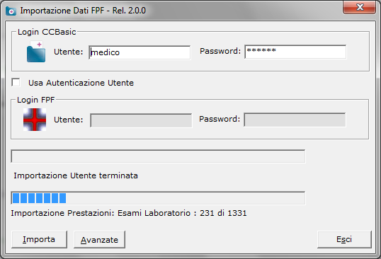 I dati importati per ogni paziente sono i seguenti: 1. Dati anagrafici paziente 2. Dati SSN paziente 3. Esenzioni 4. Diagnosi / Problemi /Patologie 5. Visite 6. Prescrizioni farmaceutica 7.