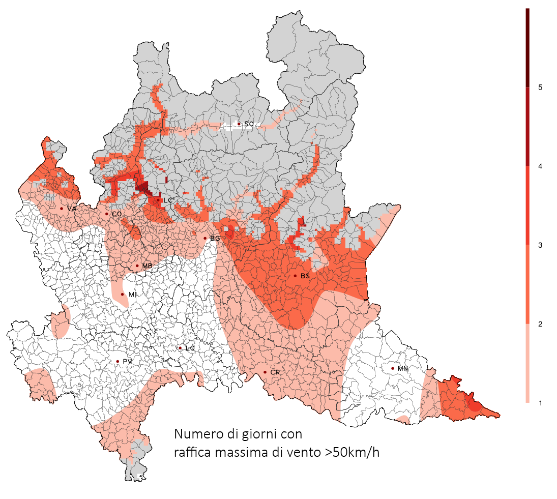 3. Mappe di superamento soglia In questo capitolo si riportano le mappe con il numero di giorni in cui si sono superate le soglie di alcune avversità meteorologiche sull intera area regionale della